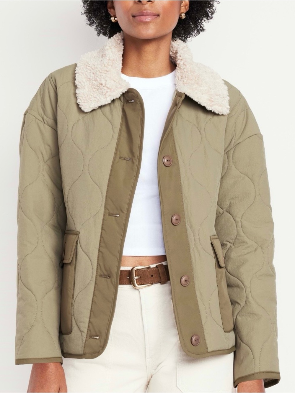 NWT Old Navy Quilted Nylon Barn Jacket Sherpa Collar Olive Green L